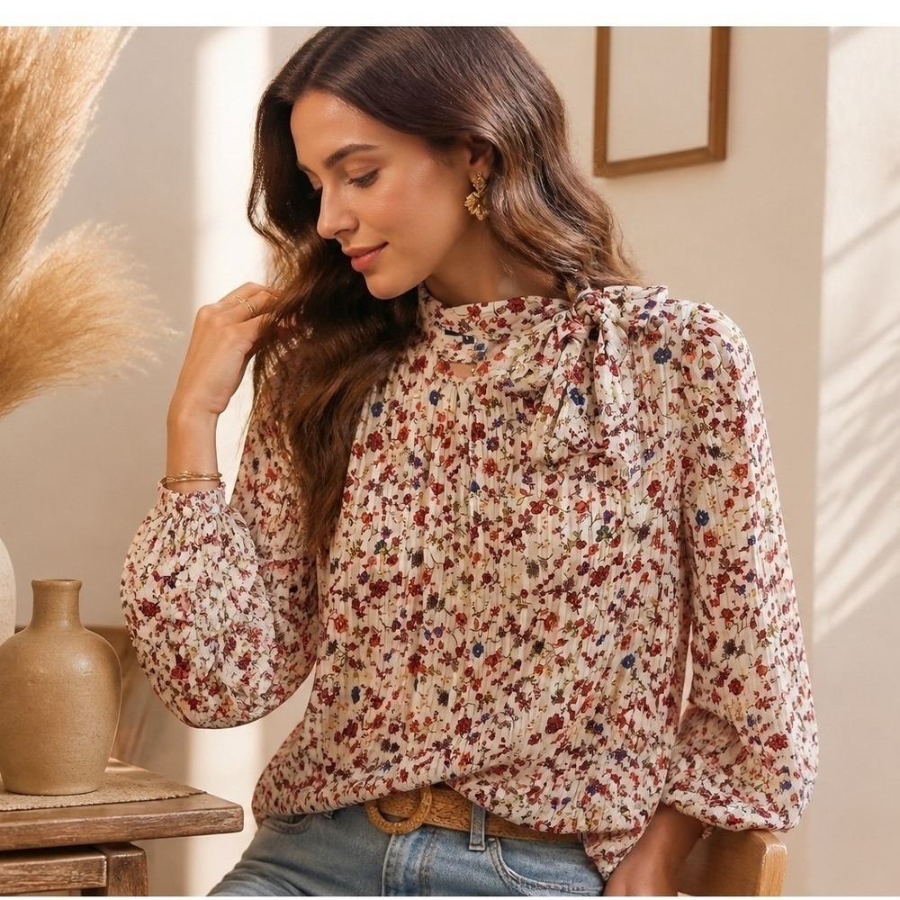 Kontrol Contemporary Boho Floral Print High Neck Ballon Sleeve Blouse Womens L